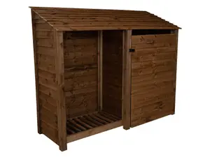 Wooden tool and log store, garden storage W-227cm, H-180cm, D-88cm - brown finish