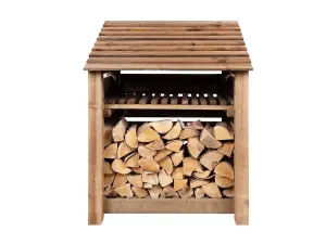 Slatted wooden log store with kindling shelf W-99cm, H-126cm, D-88cm - brown finish