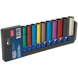 10 Pack Multi-Colored Deep Socket Set - 3/8" Metric Square Drive with Lifetime Guarantee