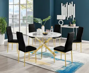 Furniturebox UK Novara White Marble Gold Leg 120cm Round Dining Table & 6 Black Velvet Milan Gold Leg Chairs