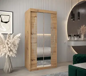 Tasteful York I Mirrored Sliding Door Wardrobe with Shelves and Hanging Rails in Oak Artisan (H)2000mm (W)1000mm (D)620mm