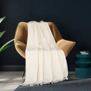 EHC Herringbone Lightweight Soft Warm Wool  Feel Acrylic Throws for Sofa Blanket  - Ivory