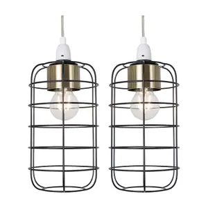 First Choice Lighting Set of 2 Cage Black and Antique Brass Industrial Style Easy Fit Pendant Shade