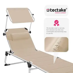 Sun Lounger Lorella - padded, foldable, with sunshade, 6-step backrest, cushion - beige