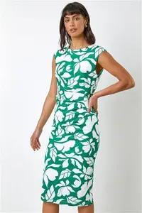 Roman Leaf Print Luxe Stretch Shift Dress - Green - Casual Dresses Size 8