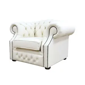 Chesterfield Club Chair Cottonseed Cream Real Leather In Buckingham Style