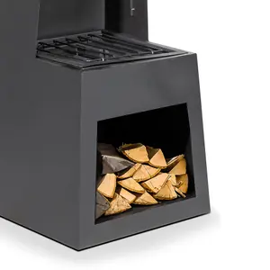 Elegant 45x150cm Black Steel Chiminea Wood Burner with Firewood Storage for Outdoor Heating