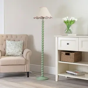 ValueLights Bobbles Sage Green Bobbin Floor Lamp with Pink Trim Scallop Shade - LED Bulb Included