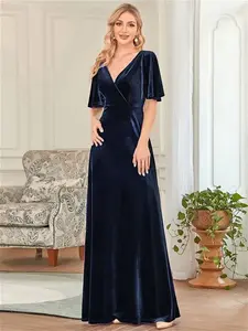 Ever-Pretty Elegant V Neck Maxi Velvet Wedding Guest Dress Polyester