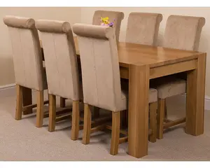 Kuba 180 x 90 cm Chunky Oak Dining Table and 6 Chairs Dining Set with Washington Beige Fabric Chairs