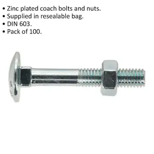 Bulk Zinc Plated Coach Bolt and Nut Set - 100 Pack M6 x 40mm DIN 603