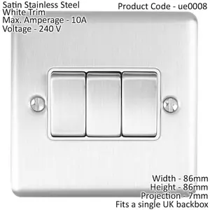 3 Gang Triple Light Switch SATIN STEEL 2 Way 10A White Trim & Metal Rocker