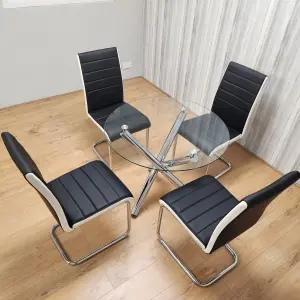 Round Chrome Metal and Clear Glass Dining Table and 4 Stylish Black White Faux Leather Dining Chairs Set