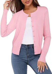 Newshows Women's Solid Button Down Long Sleeve Classic Crew Neck Knit Cardigan Sweater