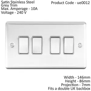 4 Gang Quad Light Switch SATIN STEEL 2 Way 10A Grey Trim & Metal Rocker