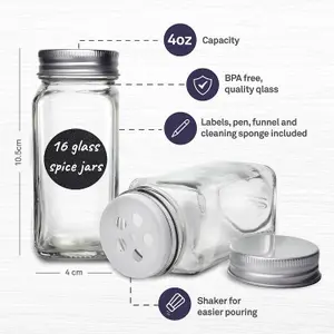 16-Pack Glass Spice Jars with Lids & Labels - 120ml Square Seasoning Containers with Stickers, Funnel, Pen & Cleaning Sponge