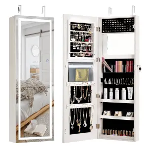 Costway Lockable Jewelry Storage Cabinet Wall-mounted LED Jewelry Armoire w/Full Mirror