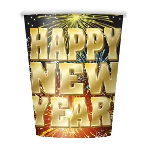 Unique Party Paper New Years Eve Disposable Cup (Pack of 8) Golden Yellow/Black/Orange (One Size)