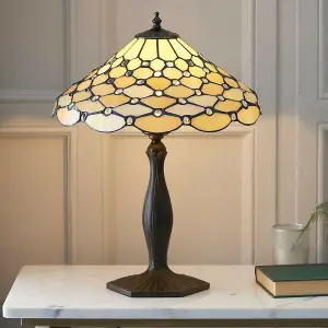 Tiffany Glass Table Lamp Light Dark Bronze & Rich Cream Geometric Shade i00226