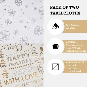 Celebright Festive Christmas PVC Tablecloth Set of 2 - Gold Joyful Holiday Expressions & Silver Blizzard Design - 52x90in