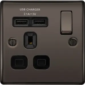 BG Black Nickel Single 13A Raised slim Switched Screwed Socket with USB, x2 & Black inserts