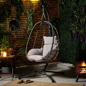 VonHaus Hanging Egg Chair, Grey Rattan Garden Swing Chair with Stand, Foldable Hanging Chair w/ Padded Cushions, Outdoor & Indoor