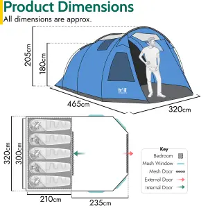 Trail 5 Man Tent Festival Family Camping Waterproof 3000mm Dark Bedroom Living Area