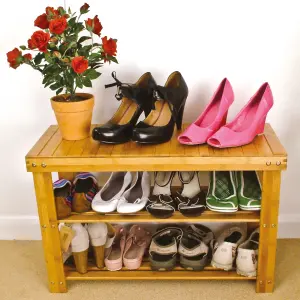 3 Tier Bamboo Shoe Rack - Wooden Shoe Stand Storage Organizer Bench for Hallway, Entryway, Living Room - H45 x W70 x D28.5cm