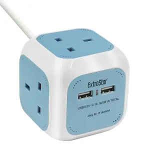 EXTRASTAR Rubik Power Cube 4 Ways Sockets 2 x USB 5V 1.5m  Light Blue 13A extension lead