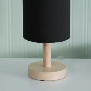 ValueLights Nelly Set of 2 - Natural Wood Base Bedside Table Lamps with Black Cylinder Fabric Lampshade for Bedroom Light