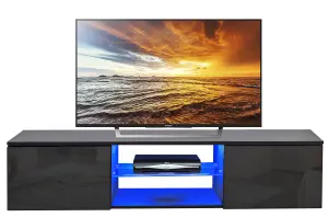 MDA Designs Ara Black Modern TV Cabinet for Flat TV Screens of up to 65" Entertainment Unit with Built-in Blue LED Lights