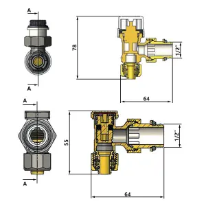 Angled Thermostatic Standard Radiator Brass Valve Set 1/2 Inch x PEX 16mm