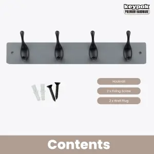 keypak 4 Matte Black Coat Hooks on Grey Wooden Board - 46cm Modern Wall Mounted Coat Rack Clothes Hanger