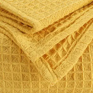 EHC Chunky & Soft Extra Large Cotton Waffle Throw, King Size, 225 x 250 cm - Yellow