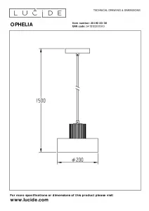 Lucide Ophelia Modern Pendant Light 20cm - 1xE27 - Black