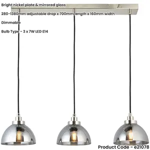 Hanging Ceiling Bar Pendant Light - Bright Nickel Plate & Mirrored Glass - 3 X 7W LED E14