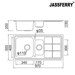 JASSFERRY Brilliant Stainless Steel Kitchen Sink 1.5 Bowl Reversible Rectangle Drainer, 970 X 500 mm