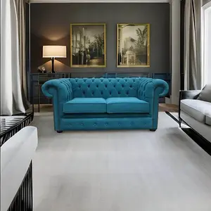 Chesterfield 2 Seater Cantare Teal Blue Fabric Easy Clean Sofa In Classic Style