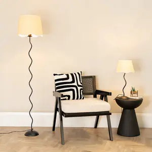 ValueLights Wiggle Black Metal Stem Table Lamp with Linen Scallop White Trim Tapered Lamp Shade and LED Bulb