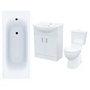 Nes Home Bath Suite 1700mm Bathtub, 650mm White Basin Vanity & Close Coupled Toilet