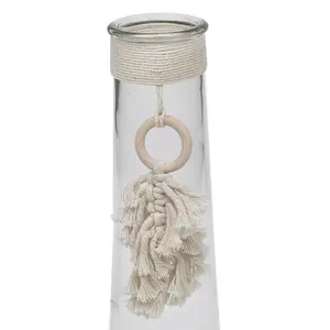 URBNLIVING 32cm Height Clear Glass Vase With Macrame Tassel Flowers Decor Centrepiece Gift