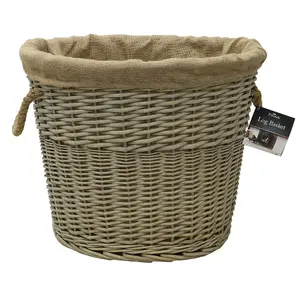 JVL Antiques Wash Canvas Lined Oval Log Basket with Rope Handles