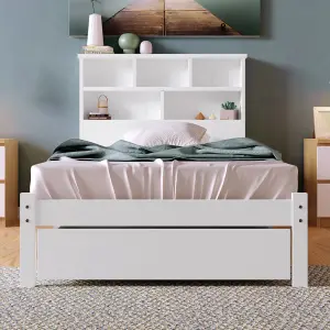 Solid Wood Single Bed Frame with Storage Headboard and Under Bed Drawer, 3FT Single (90 x 190 cm)