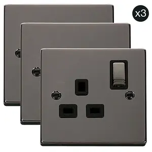 3 PACK - Black Nickel 1 Gang 13A DP Ingot Switched Plug Socket - Black Trim - SE Home