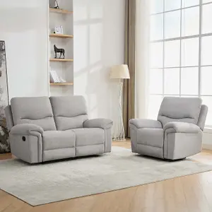 Fosse 1 + 2  Seater Manual Recliner Fabric Modern Living Sofa Light Grey