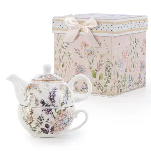 EHC Bell Flowers Design Porcelain Tea For One Tea-pot with Handle, Microwave, Oven & Dishwasher Safe, Gift Boxed,  490/Cup 320ml