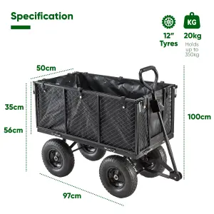 Garden TRAILER Deluxe High Sided Cart Pull Along Trolley 500kg Heavy Duty Black Utility Gardeners Wagon with Liner, Folding Sides