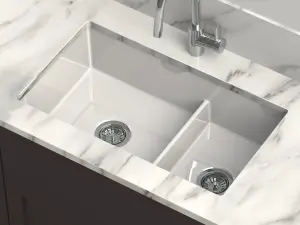 Clearwater Metro Ceramic White Kitchen Sink Double Bowl Undermount/ Inset - MET1080 + Waste Kit