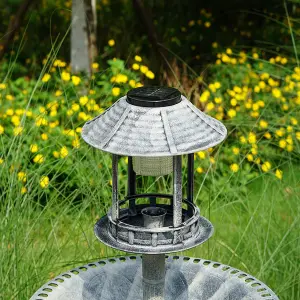 Grey Pedestal Bird Bath Feeder Planter Solar Light Garden Feeding Table Station