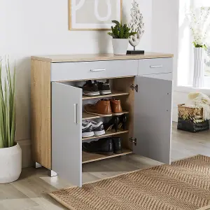 Home Source Venetia 3 Door 2 Drawer Large Hallway Shoe Storage Cupboard Unit Grey and Oak Effect